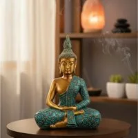 MF Buddhafigur Buddha Statue Gelassenheit Mintgruen Gold Polyresin 25cm (1 St)