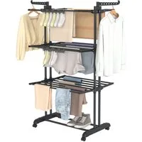 SONGMICS Wäscheständer Turm Standtrockner 4 Ebenen, Flügelwäscheständer, einfacher Aufbau, klappbar, rollbar, Sockenhalter, 63,5 x 128 x 173 cm