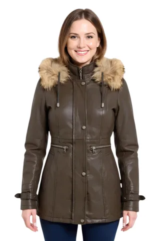Damen Parkajacke mit Kapuze, braun, Leder, Charleville