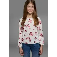 KIDSWORLD Carmenshirt Viskose-Shirt weite Passform, mit Blumenmuster und Aufdruck, Carmenausschnitt
