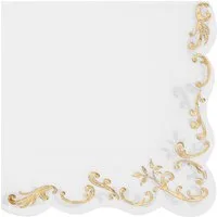 partydeco Papierserviette, Servietten Papier 33x33cm 3-lagig 12 Stück mit Gold Ornament Weiß