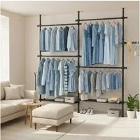 SONGMICS Kleiderständer deckenhoch, 3-stufige Garderobe, höhen und breitenverstellbar, offener, (mit abnehmbarer Ablage), Garderobenleiste, Greifarm, bis 92,5 kg belastbar, 238 x 208 x 33.5 cm