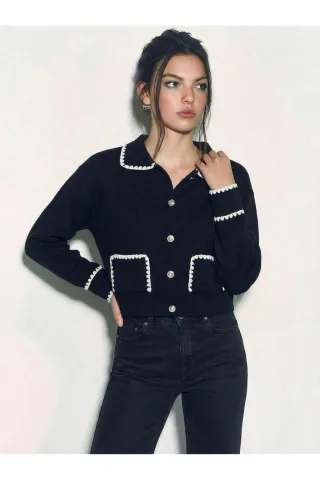Rippstrick Langarm Cardigan mit Jackenkragen und Knöpfen