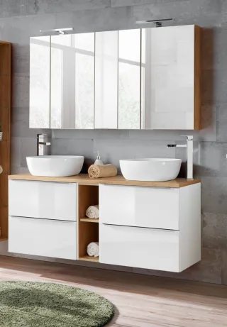 Badmöbel Set 9-tlg Badezimmerset PERUGIA Weiss HGL inkl.Waschbecken