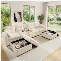 i@home Ecksofa Modulare Ecksofa Wohnlandschaft 6-Sitzer U-/L-Form, mit Ablagefläche,Staufach & versenkbaren Getränkehaltern, Beige