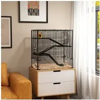 PawHut Kleintierkäfig Hamsterkäfig für Zwerghamster, 4-stufiges Nagerkäfig mit Glasboden, Zwerghamsterkäfig 78,5 x 48,5 x 80 cm Schwarz