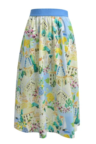 Milano Italy - midi skirt elastic wb light blue print - Gr. - 44