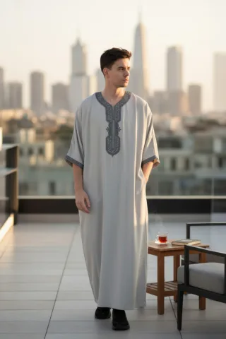 Graue marokkanische Thobe-Robe für Herren Eid Djellaba Gandoura Jubba LFS- HM65