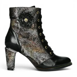 Laura Vita Schwarze Lederstiefel mit Blumenabsatz und Schnürstiefel für Damen – Alcbaneo 173