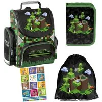 GOLDKIDS Schulranzen für Jungen und Mädchen, 4er-Set - (Schul-Rucksack für Kinder mit Federmäppchen -, 1-tlg., Schuhbeutel und Hausaufgabenheft), Game Motiv- 1-3 Klasse