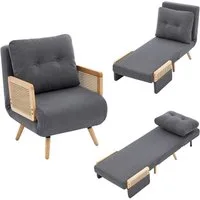 Merax Relaxliege 3-in-1 Schlafsessel mit Schlaffunktion, ausklappbarer Relaxsessel, Schlafsofa Klappsofa 67,5 × 73 × 86,5 cm 1 Teile, 5-fach verstellbarer Loungesessel mit Rattan-Armlehnen, Leinen