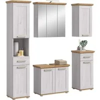 welltime Badmöbel-Set COSENZA, 5-teilig, inkl. Beleuchtung, mit farblich abgesetztem Kranz, (6-St., best aus: Hochschrank, WBU, Spiegelschrank, Hängeschrank, Unterschrank), Bad-Kombination, Badezimmer, Kombi, Bad, Bad-Möbel