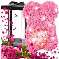 AMORE MIO LED Dekoobjekt Rosenbär mit Herz 25 cm Teddy aus Rosen Geschenkbox Valentinstag Deko, LED fest integriert, Rosenoptik Herzmotiv LED Beleuchtung dekorativ Geschenkfertig