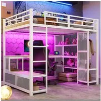 Merax Hochbett 140x200cm mit LED-Beleuchtung & USB-Anschluss (1-St., Jugendbett Einzelbett) Metallbett Kinderbett mit Kleiderschrank, Ablageflächen & Schreibtisch