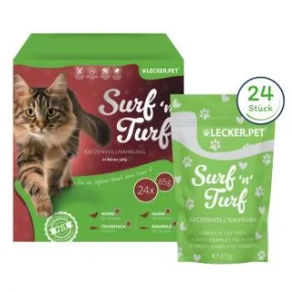 Lyra Pet Lecker.Pet Surf'n'Turf Pouches Katzenfutter in feiner Jelly Nassfutter 4er Mix Multipack 4 Stück