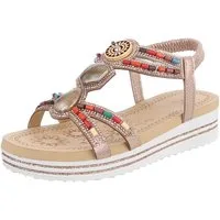 Ital-Design Damen Sandalen mit Stein- und Perlenverzierungen, Freizeit Plateausandaletten (91512199) Keilabsatz/Wedge Keilsandaletten in Champagner
