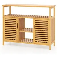 COSTWAY Badkommode, Badezimmerschrank Bambus mit Lamellentüren, 100x35x80cm