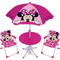 Arditex Kindertisch Kinder-Tischset mit 2 Stühlen & Sonnenschirm in verschiedenen Motiven, Stabil, 2 Stühle, Sonnenschirm, Minnie-Motiv, platzsparend
