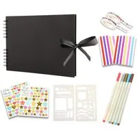 AURIVION Fotoalbum Zeichenalbum DIY mit 80 schwarzen Seiten für Fotos & Notizen (Set, 15-St., Scrapbook Geschenk für Hochzeit, Geburtstag & Erinnerungen), Fotoalbum Gästebuch mit Stiften für kreative Gestaltung