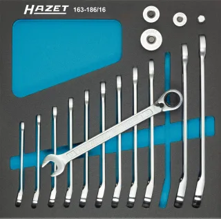 HAZET Knarren Ring-Maulschlüssel Satz mit Vierkant-Adaptern Einlage 16-teilig - 163-186/16