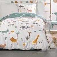 Familando Kinderbettwäsche Safari Tiere 135x200 80x80 cm mit Elefant Tiger & Co., Renforcé, 2 teilig, Bettwäsche mit liebevollem Motiv für Mädchen und Jungen