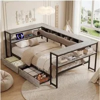 Celya Polsterbett Schlafsofa Daybett mit USB und Typec-Ladestation (ohne Matratze, Tagesbett, Jugendbett mit 2 Schubladen und Lattenrost aus Metall), Ideal für Kinder-, Jugend- oder Gästezimmer ein