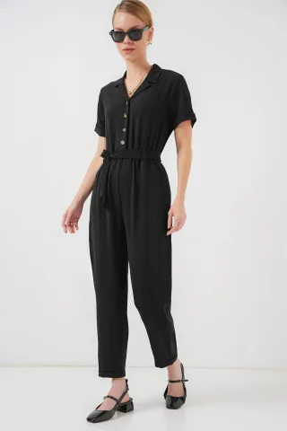 Einfarbiger Woven Overall mit Kragen und Schleifendetail
