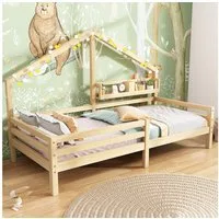 Flieks Kinderbett, Massivholz Einzelbett Hausbett mit Ablageregal 90x200cm