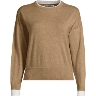 Feinstrick-Baumwollpullover mit unterlegtem Ausschnitt, Damen, size: regular, Beige, Baumwolle, by Lands' End