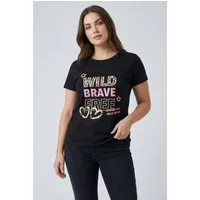 Zwillingsherz T-Shirt "Wild Brave Free" Leo-Muster, Pailletten, Kurzarm, Rundhalsausschnitt, Schriftzüge