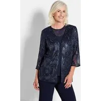 GOLDNER Klassische Bluse Elegante Pailletten-Jacke, V-Ausschnitt Blusenjacke mit raffinierter Stickerei, Häkchenverschluss und Langarm