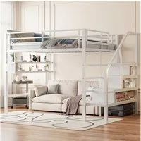Flieks Hochbett Metallbett 140x200cm mit Einlegeböden und Stauraumtreppe