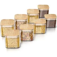 Arendo Aufbewahrungsbecher Glasbehälter-Set 8x 0,8 L Borosilikatglas mit Bambusdeckel, luftdicht, Borosilikatglas, Bambus, Silikon, (Vorratsbehälter-Set, 8-tlg., 8er Set), Hitzebeständig, umweltfreundlich, langlebig, mikrowellengeeignet