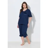 Ulla Popken Pyjama Pyjama Satin-Brusttasche V-Ausschnitt Halbarm