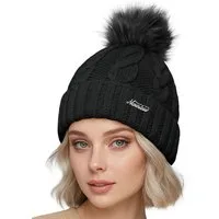 Neverless Strickmütze Damen Strickmütze mit Fleecefutter und Kunstfell Bommel Zopfmuster
