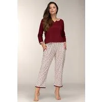 Mademoiselle Sommeil Capri-Pyjama Damen Schlafanzug mit Bordeaux Oberteil & floraler Hose 100% Baumwolle, Taschen, 7/8-Bein
