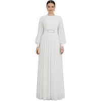 fashionshowcase Abendkleid Damen Maxikleid langarm Tüllkleid elegant mit Gürtel Modest Fashion Fließender Plissee-Rock mit taillierendem Gürtel
