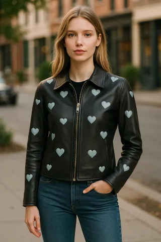 Schwarze Bikerjacke aus Leder mit Herzen für Damen – Renmark