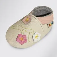 Yalion Baby schuhe aus 100 % Leder Beige mit 3 Blumen Krabbelschuh