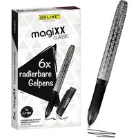 Online Pen Tintenroller magiXX Classic, (6x radierbare Gelschreiber schwarz, ergonomisches Griffstück), Gelpens für Schüler, Studenten, Büro