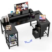 HOMALL Computertisch Eckschreibtisch Reversibel L Förmiger Schreibtisch mit Regal (Die Monitorhalterung ist verstellbar und verfügt über zwei Steckdosen und zwei USB-Anschlüsse, drei Stoffschubladen und drei Gitterablagen. Sie kann links oder rechts 