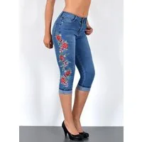 ESRA Caprijeans Damen 3/4 Jeans Hüftjeans niedrige Leibhöhe Damen 3/4 Hose Tief Bund Damen Capri Jeans Low Waist bis Übergröße Plus Size Große Größe Shorts