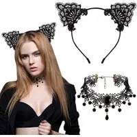 LA CUTE Haarreif Spitzen-Katzenohren & Halskette Damen-Set für Karneval & Halloween, Kostümzubehör-Set für Damen (Haarreif & Spitzenhalskette), 2-teiliges Damen-Accessoire-Set für Katzenkostüm & Cosplay, Formbare Katzenohren, verstellbare Spitzenhals