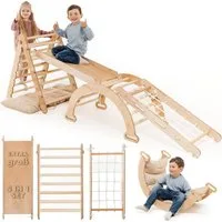 Goodevas Klettergerüst Holz Indoor Klettergerüst für Kinder von 1-5 Jahren, (Dreiecksleiter, Kletterbogen & Kletterrampe & Netz, 5-St)