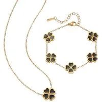 KARMA Schmuckset Halskette & Armband Klee Gold Schwarz od. Weiß (Abendmode Accessoires, 2-tlg., Armschmuck Wasserfest Hypoallergen), 2er Set Edelstahl vergoldet Damenarmband und Kette