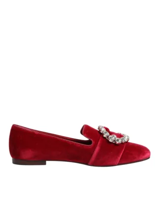 Dolce & Gabbana Rote Samt Crystal Schnalle Slipper Flachschuhe