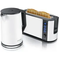 Arendo Frühstücks-Set Wasserkocher 1,5l & 2-Scheiben Langschlitz Toaster, Edelstahl, Weiß (2-tlg), Wasserkocher mit Temperaturwahl, Toaster mit Brötchenaufsatz