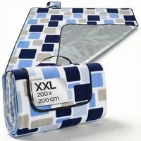 Picknickdecke, Detex, XXL 200x200 cm Wasserdicht Wärmeisoliert 4-6 Personen Quadrate/Blau