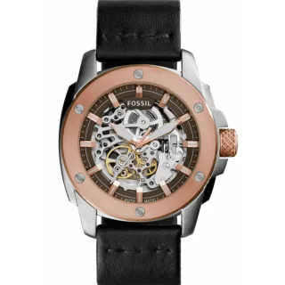 Fossil Machine ME3082 Automatik-Skelett-Herrenarmbanduhr — 50 mm schwarzes Leder