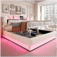 Merax Polsterbett mit LED-Beleuchtung und USB-Anschluss (Metalllattenrahmen & Samtbezug, 1-tlg., Kinderbett Einzelbett Mehrzweckbett Stauraumbett), Doppelbett 180×200cm mit hydraulischem Stauraum & Kopfteilfach, Samt